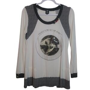 Tricot Chic Knit Cream and Black Long Sleeve Graphic Top Odd Art Luxury Size 10